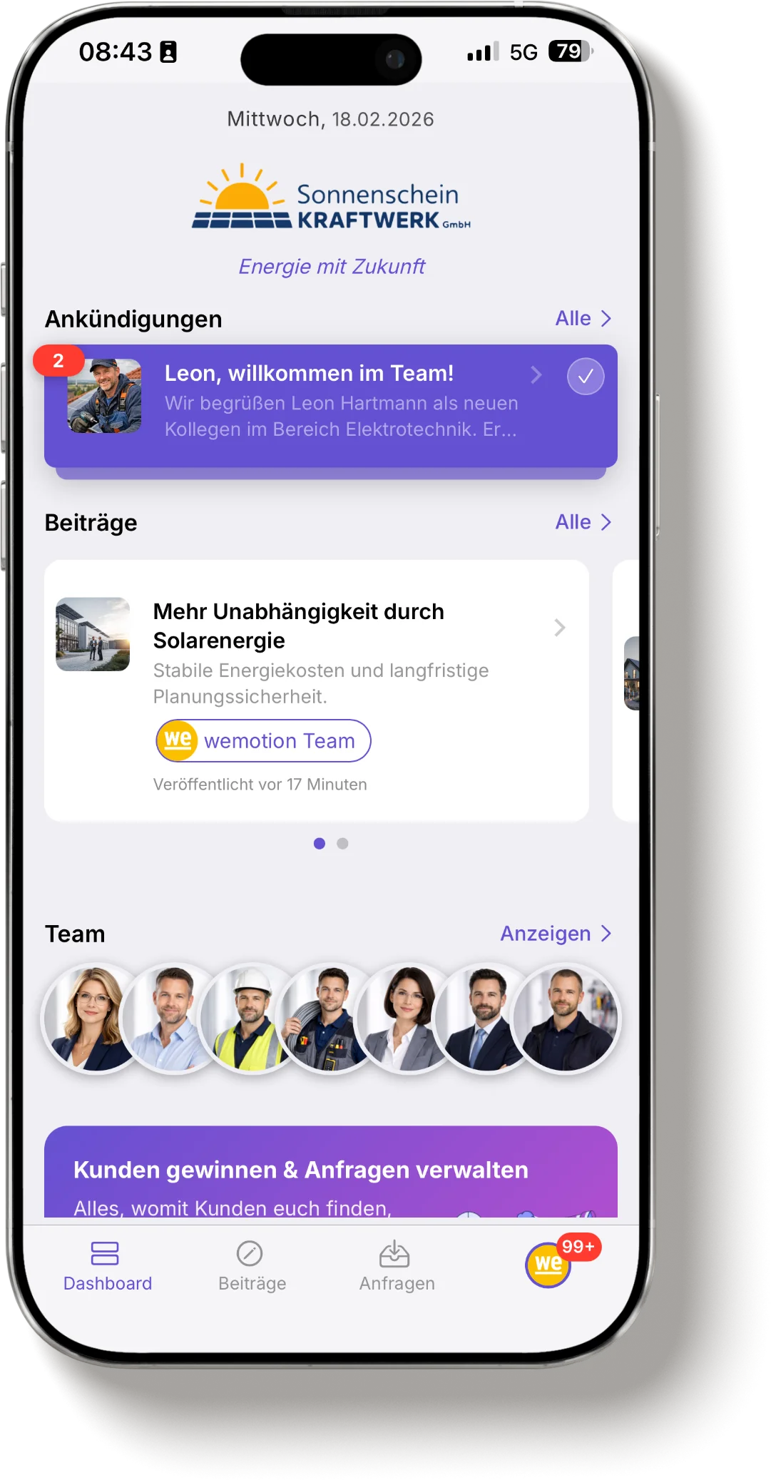 canou App auf dem Smartphone – Dashboard mit Ankündigungen, Beiträgen und Team-Übersicht für Handwerksbetriebe.