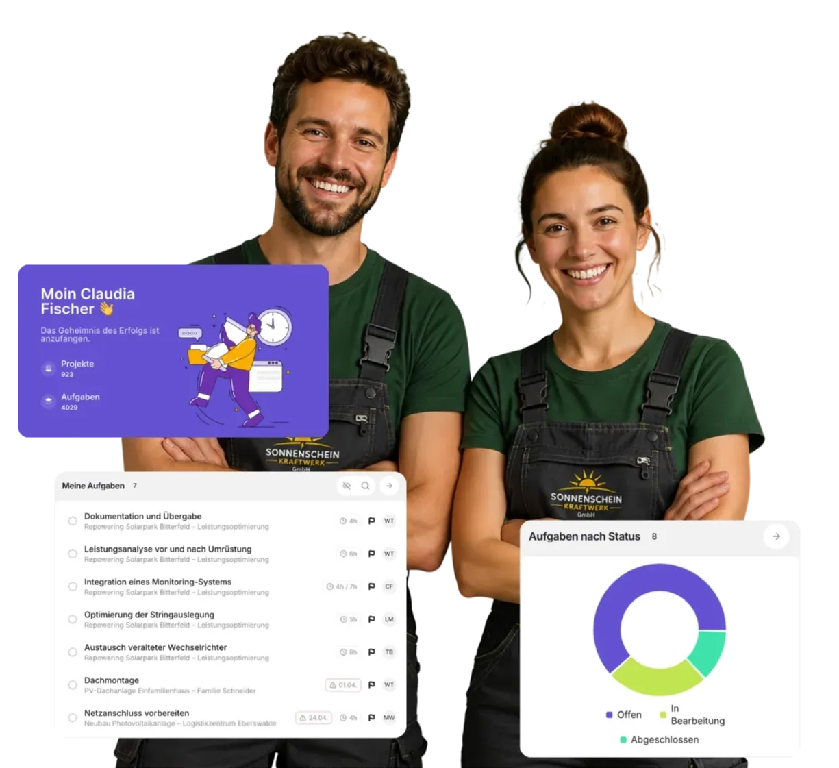 Handwerkerin mit Latzhose lächelt, daneben digitale Dashboards von canou mit Projektübersicht, Aufgaben und Statistik.