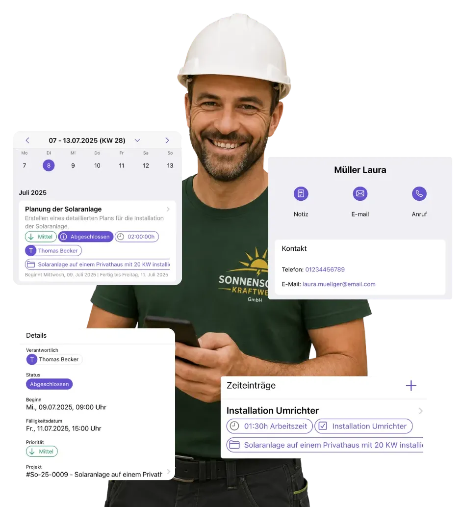 Mitarbeiter auf der Baustelle mit Smartphone und Schutzhelm erfasst Arbeitszeiten und sieht Aufgaben direkt in der canou App. Gezeigt werden digitale Projektplanung, Kontaktdaten und Zeiteinträge – Beispiel für mobile Zeiterfassung, Bauakte und Projektsteuerung im Handwerk.