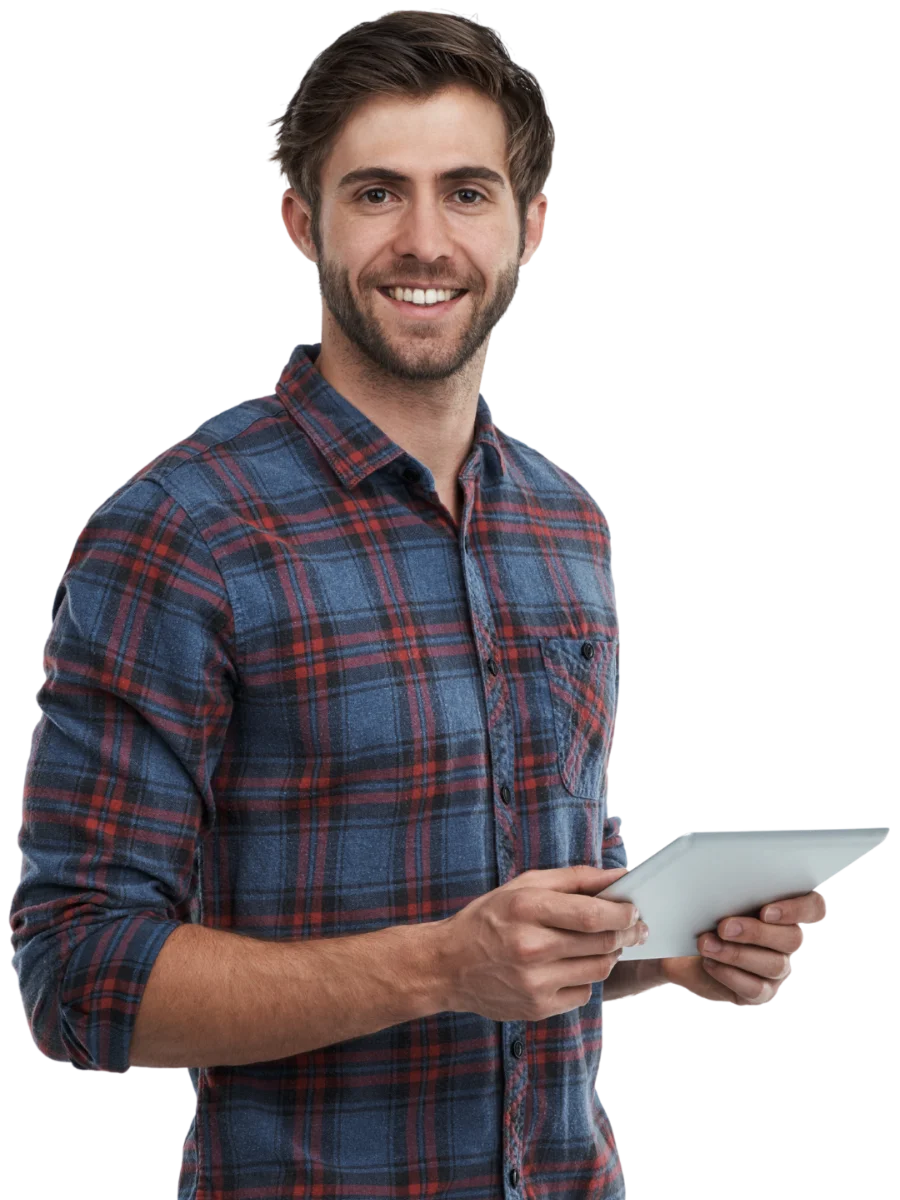 Mann mit Tablet in der Hand nutzt Canou Work unterwegs